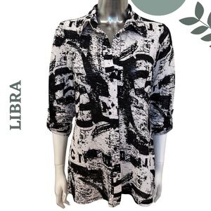 🛍️3/$40 Libra Graphic Black & White Tunic Button-Up Shirt | Made in Canada Sz XS